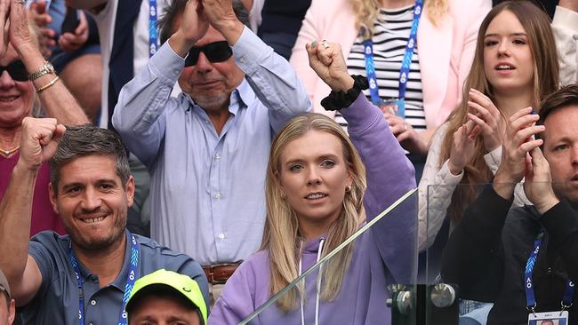 Katie Boulter watches Alex de Minaur’s match – with some new jewellery on her left hand. Picture: Getty