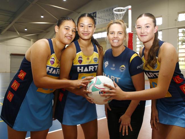 Titans netball players Roxanne Rhind, Madison Rhind, coach Erin Byrnes, and Jade Karadag at the TItans Netball Academy. Photo:Tertius Pickard