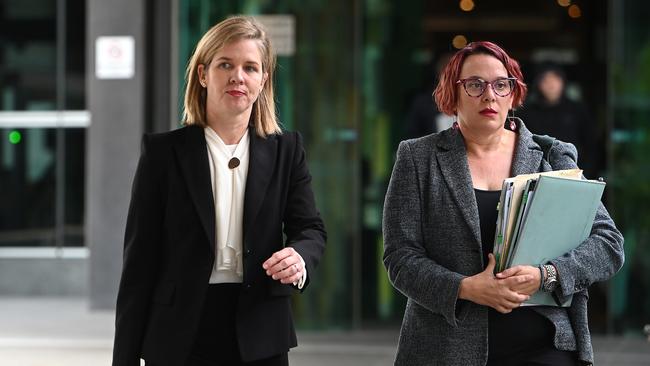 Counsel assisting the coroner Ruth O'Gorman, left, leaving Brisbane Magistrates Court on Friday. Picture: NewsWire / John Gass