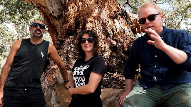 Adam Goodes, Angie Abdilla and Baden Pailthorpe on Adnyamathanha Country. Picture: Supplied