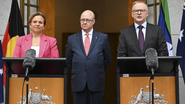 Communications Minister Michelle Rowland and Prime Minister Anthony Albanese announce Mr Williams’s appointment at Parliament House in January. Picture: NCA NewsWire / Martin Ollman