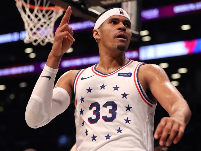 NEW YORK, NEW YORK - APRIL 18: Tobias Harris #33 of the Philadelphia 76ers reacts in the third quarter against the Brooklyn Nets during game three of Round One of the 2019 NBA Playoffs at Barclays Center on April 18, 2019 in the Brooklyn borough of New York City. NOTE TO USER: User expressly acknowledges and agrees that, by downloading and or using this photograph, User is consenting to the terms and conditions of the Getty Images License Agreement. (Photo by Elsa/Getty Images)