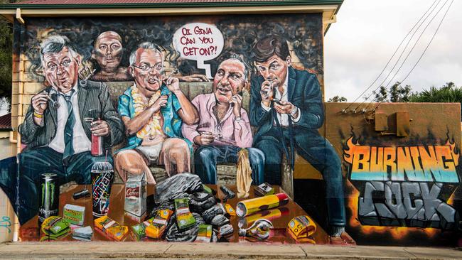 The mural in Port Adelaide of the prime minister, when it showed him smoking coal out of a crack pipe. Picture: The Advertiser / Morgan Sette