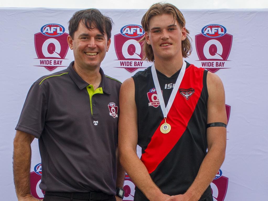 Campbell Allan of Hervey Bay Bombers won the best on ground award for the under 17's in AFL Wide Bay. Picture: Supplied