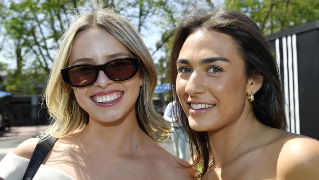 Caulfield Guineas horse race meeting, Caulfield, Victoria, Saturday 12th October 2024. Faces in the crowd. Pictured enjoying the race meeting are Eliza and Gabby. Picture: Andrew Batsch