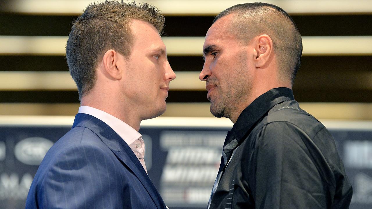 Jeff Horn and Anthony Mundine face off during a press conference.