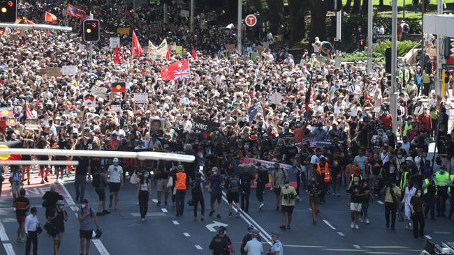 Protesters march down Elizabeth in Sydney. Picture: John Grainger