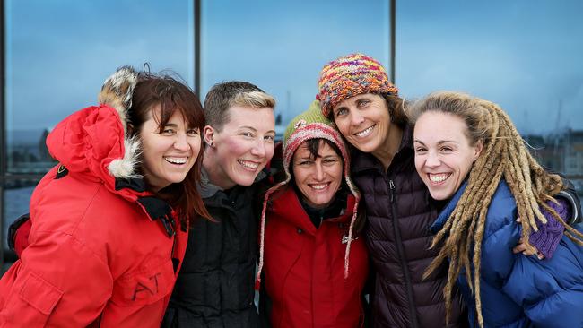 Tasmanian scientists, from left, Dr Justine Shaw, Dr Meredith Nash, Dr Mary-Anne Lea, Dr Britta Denise Hardesty and Dr Jess Melbourne-Thomas who are part of Homeward Bound, the world's largest all-female expedition to the Antarctic. Picture: SAM ROSEWARNE