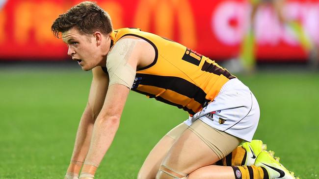 Taylor Duryea during Hawthorn’s loss. Picture: Getty