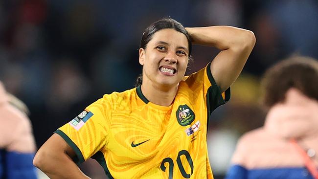 SYDNEY, AUSTRALIA - AUGUST 16: Sam Kerr of Australia looks dejected after the team's 1-3 defeat and elimination from the tournament following the FIFA Women's World Cup Australia & New Zealand 2023 Semi Final match between Australia and England at Stadium Australia on August 16, 2023 in Sydney, Australia. (Photo by Brendon Thorne/Getty Images)