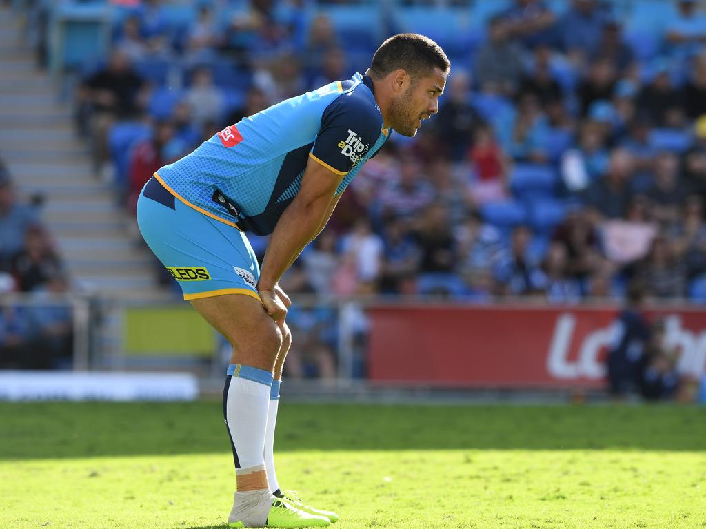 Jarryd Hayne recovers while playing for the Titans in 2017. AAP.