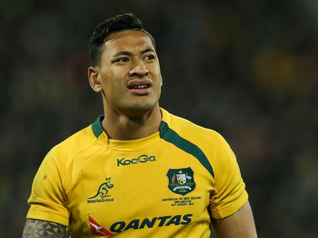 WELLINGTON, NEW ZEALAND - AUGUST 24: Israel Folau of Australia looks on during The Rugby Championship Bledisloe Cup match between the New Zealand All Blacks and the Australian Wallabies at Westpac Stadium on August 24, 2013 in Wellington, New Zealand. (Photo by Hagen Hopkins/Getty Images)