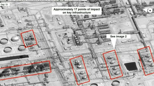 This satellite overview courtesy of the US Government shows damage to oil/gas infrastructure from weekend attacks. Picture: US Government