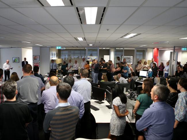 AAP chairman Campbell Reid and AAP CEO Bruce Davidson announcing AAP’s closure at the head office in Sydney. Picture: AAP