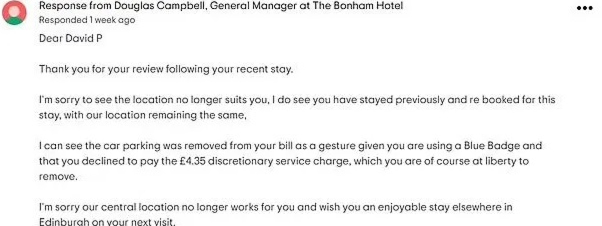 The Bonham Hotel manager again fired back at the poor review. Picture: TripAdvisor