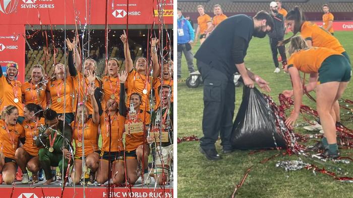 The Aussie celebrated, and then cleaned up their mess. Photo: Twitter and AFP