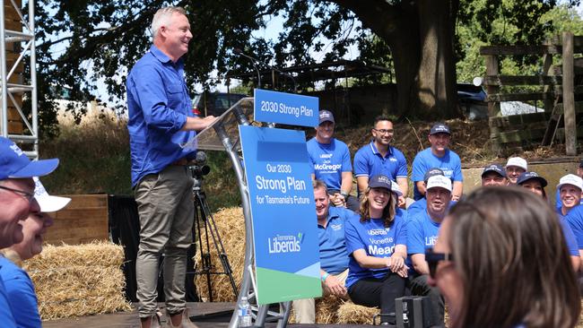 Tasmanian Premier Jeremy Rockliff addresses the party faithful at the official campaign launch on his parent's property at Sassafras.