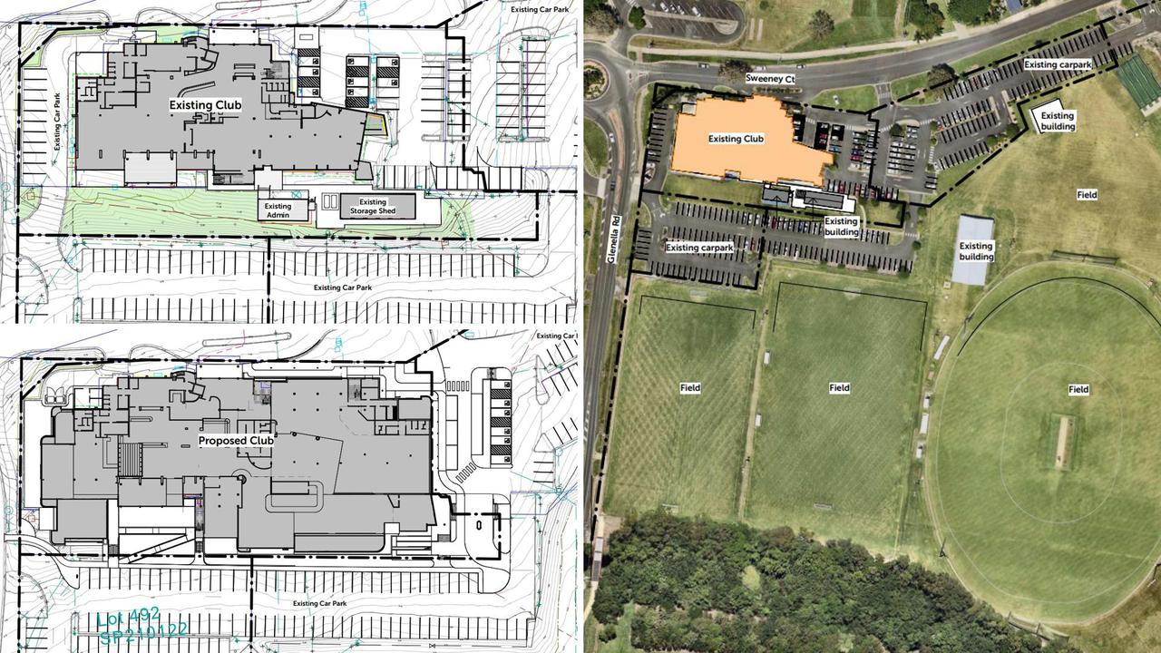 Magpies Sporting Club has lodged plans to Mackay Regional Council to almost double the club. Top left: the existing club’s footprint. Bottom left: the proposed expansion’s footprint. Right: Magpies Sporting Club and the surrounding sporting fields Picture: Contributed