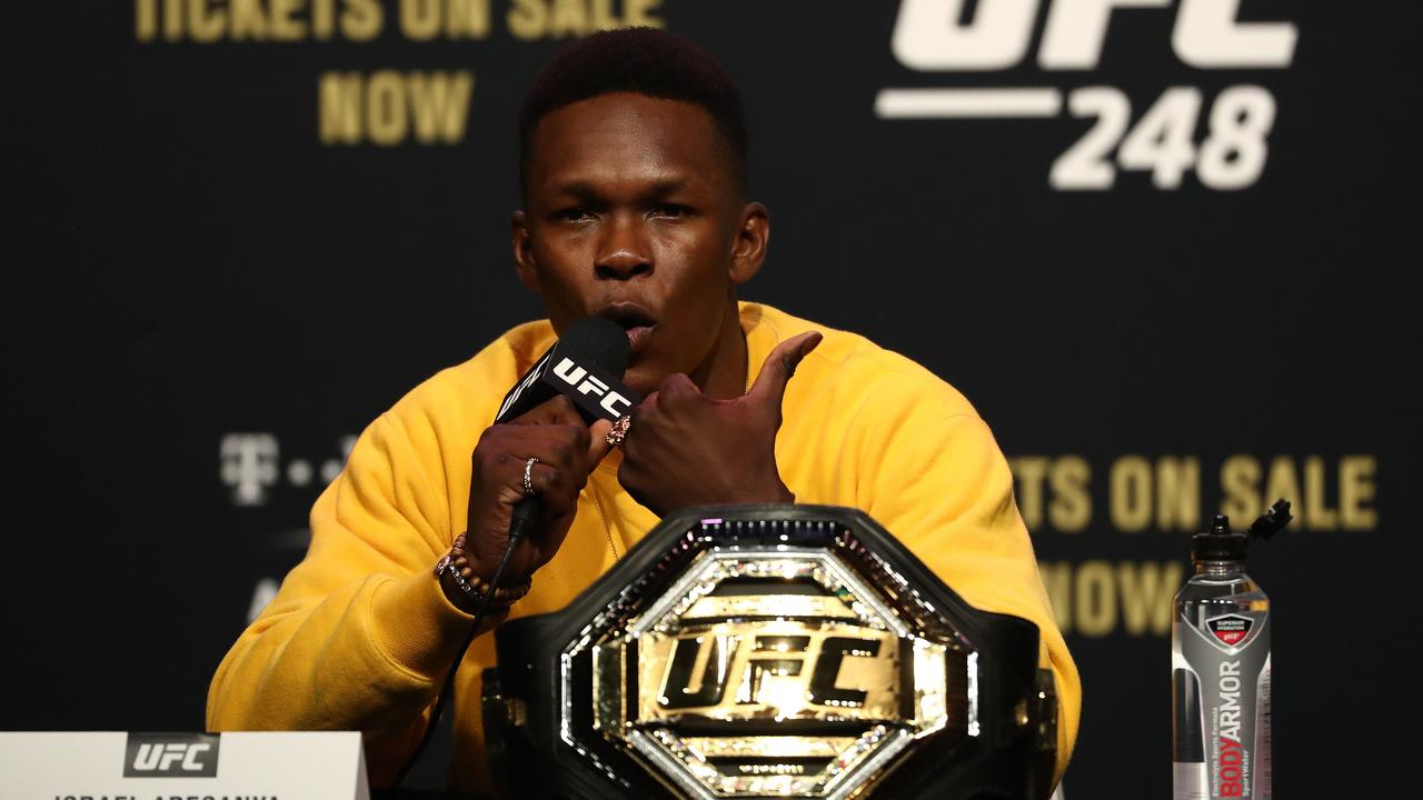 Israel Adesanya talks during a press conference for UFC 248.