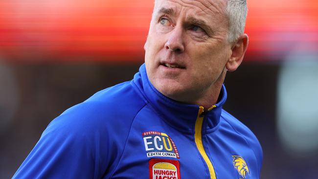 PERTH, AUSTRALIA - JULY 02: Adam Simpson, head coach of the Eagles looks on during the round 16 AFL match between West Coast Eagles and St Kilda Saints at Optus Stadium, on July 02, 2023, in Perth, Australia. (Photo by Paul Kane/Getty Images)