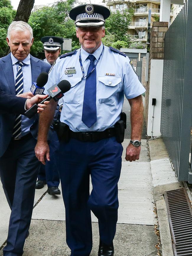 Two police sergeants at NSW Arts Minister Don Harwin primary home in Sydney after he was fined for breaking lockdown laws this week. Picture: Matrix