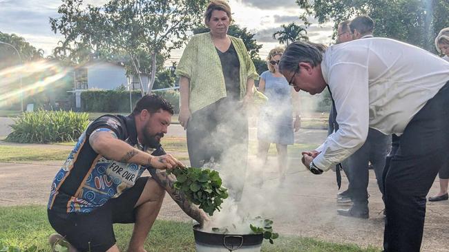 Queensland Liberal senator Paul Scarr took part in a smoking ceremony on Thursday following a full-day hearing into missing and murdered First Nations women and children at Darrandirra Child and Family Centre, Malak. Picture: Zizi Averill