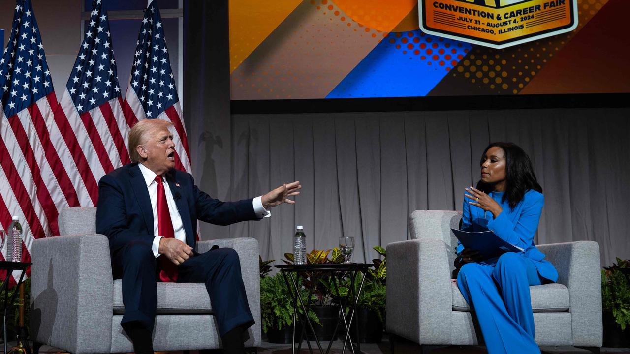 Republican presidential candidate former President Donald Trump speaks with Rachel Scott, senior congressional correspondent for ABC News during a question-and-answer session at the National Association of Black Journalists convention in Chicago. (Photo by SCOTT OLSON / GETTY IMAGES NORTH AMERICA / Getty Images via AFP)