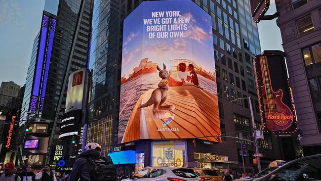 Ruby the Roo on an electronic billboard in New York. Picture: Tourism Australia