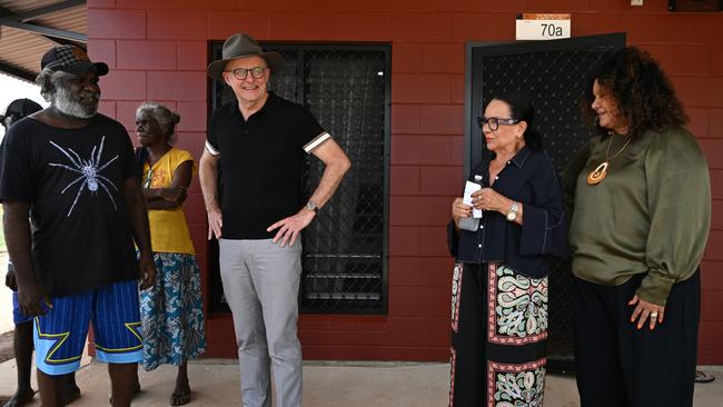 Australian Prime Minister Anthony Albanese speaks to resident Stevie (left) as he tours a newly built community housing unit together with Minister for Indigenous Australians Linda Burney and NT Senator Malarndirri McCarthy at Binjari near Katherine. PICTURE: Lukas Coch.