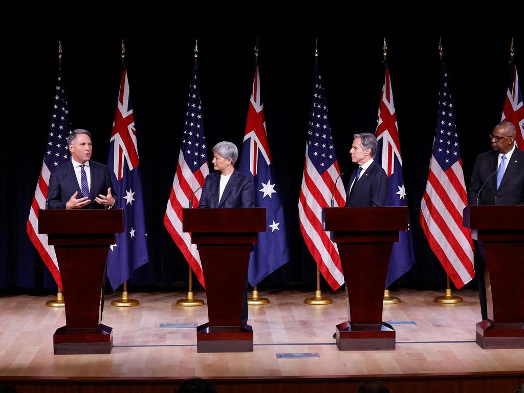 Australian deputy prime minister Richard Marles, Australian foreign minister Penny Wong, US secretary of state Antony Blinken and secretary of defense Lloyd Austin at a joint conference in Annapolis, Maryland. Picture: AFP