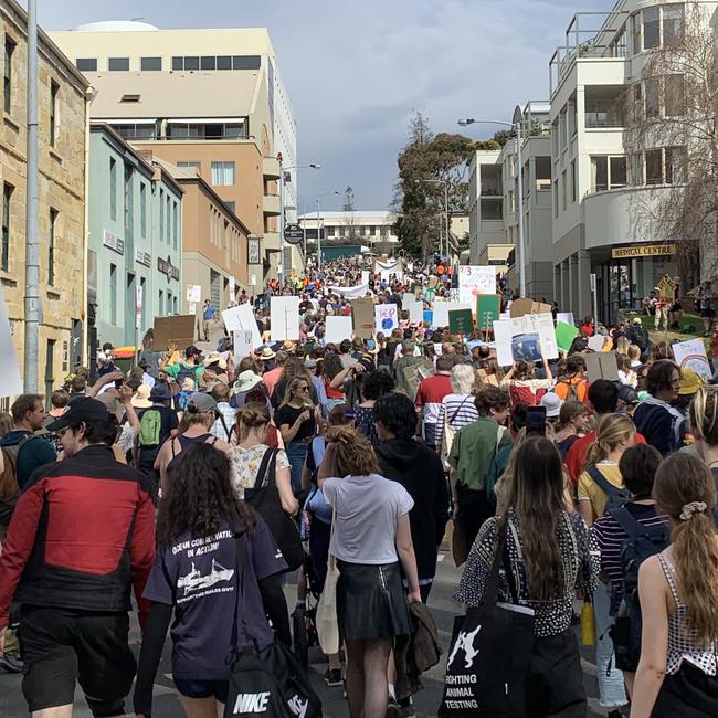 Hobart School Strike for Climate. Students and supporters marching. Picture: CAMERON WHITELEY