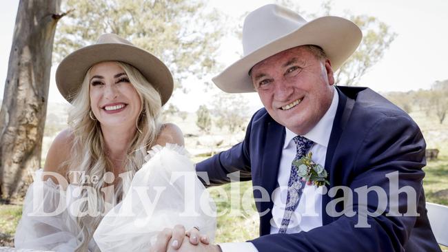 Mr Joyce, 56, and new wife, Ms Campion, 38, donning wide-brimmed hats at his family estate in Woolbrook, near Walcha in northeast NSW. Picture: Salty Dingo