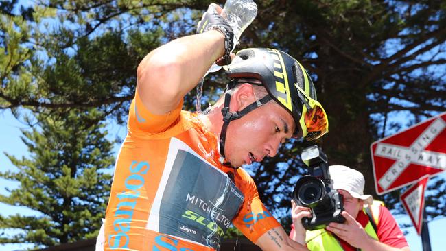 Tour Down Under leader Caleb Ewen was disappointed after being swamped by Italian rider Elia Viviani at the Stage 3 finish line in Victor Harbor. Picture: Tait Schmaal.