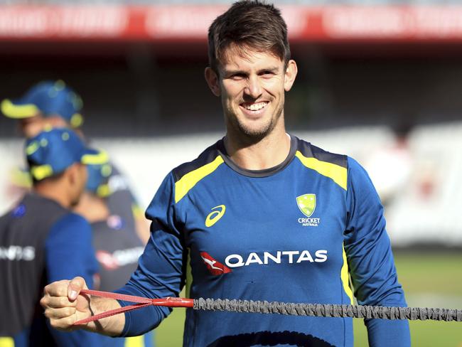 Australia's Mitchell Marsh takes part in a nets session at Old Trafford, Manchester, England, Monday Sept. 2, 2019. The 4th Ashes Test cricket match between England and Australia will begin on Wednesday Sept. 4. (Simon Cooper/PA via AP)