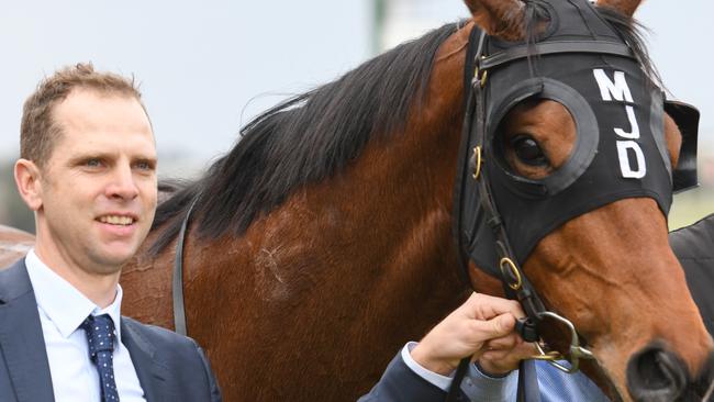 Trainer Matthew Dale after Shangani Patrol won Race 6, the Long Fine Plate, during the Melbourne Racing Club Race Day at Ladbrokes Park Hillside Racecourse in Melbourne, Wednesday, August 21, 2019. (AAP Image/Vince Caligiuri) NO ARCHIVING, EDITORIAL USE ONLY