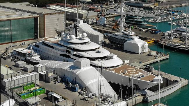 A view shows the multi-million-dollar mega yacht Scheherazade, docked at the Tuscan port of Marina di Carrara. Picture: AFP