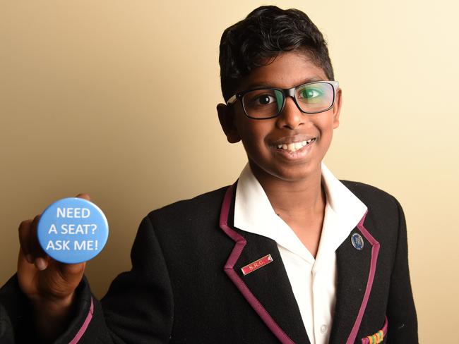 Keysborough student Anirudh took a stand with his train badges. Picture: Lawrence Pinder