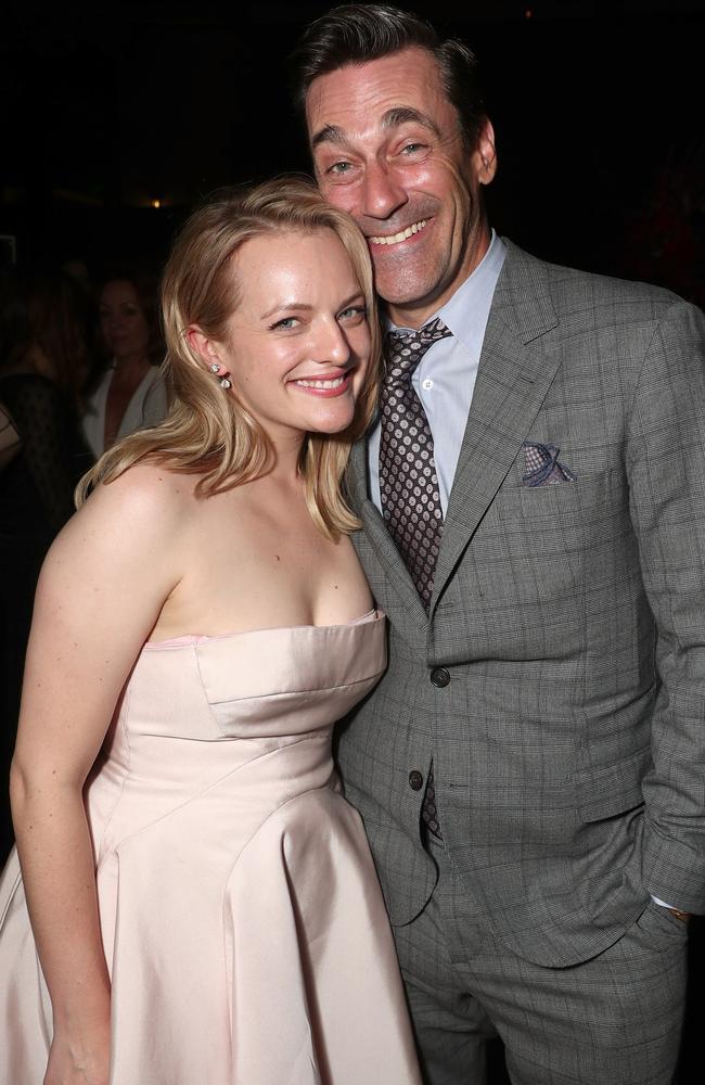 Elizabeth Moss and old Mad Men pal Jon Hamm attend Hulu’s 2017 Emmy After Party. Picture: Todd Williamson/Getty Images for Hulu