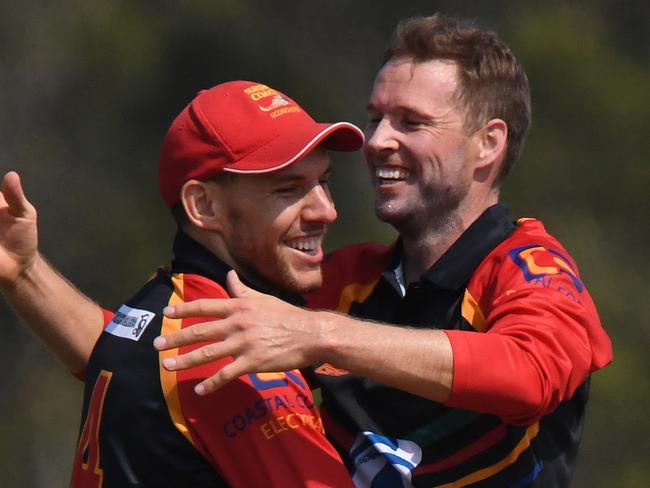 Sunshine Coast Scorchers against Sandgate-Redcliffe T20 cricket match at Kerry Emery Oval.Darryn Dyer and Ben Laughlin celebrate a wicket.