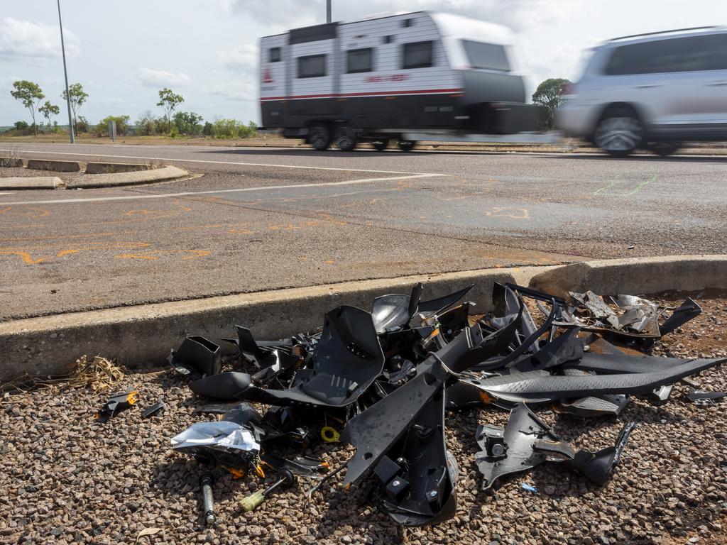 A 22-year-old male motorcyclist died at the scene of a crash with a car on the Stuart Highway. Picture: Floss Adams