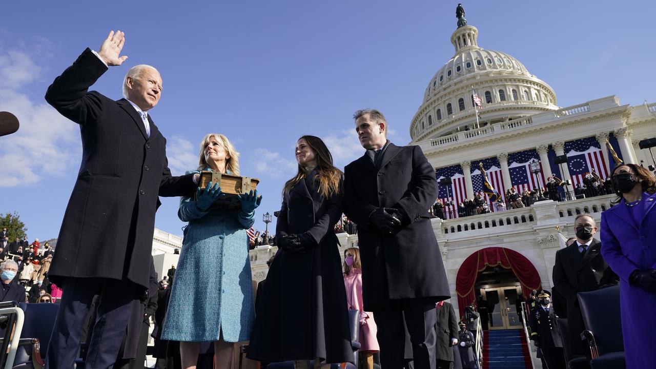 Joe Biden is sworn in as the 46th president of the United States as Jill Biden holds the Bible and children Ashley and Hunter look on January 20, 2021. Picture: Getty Images