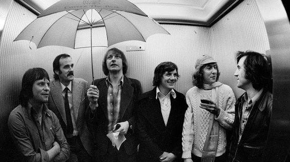 Monty Python gang Terry Gilliam, John Cleese, Graham Chapman, Michael Palin, Eric Idle and Terry Jones in 1975. Picture: Getty