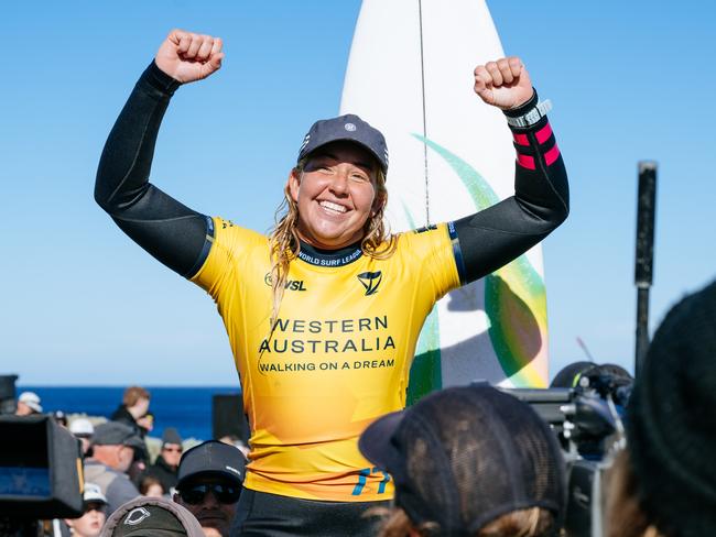 MARGARET RIVER, WESTERN AUSTRALIA, AUSTRALIA - MAY 27: Gabriela Bryan of Hawaii after winning the Final of the Western Australia Margaret River Pro on May 27, 2025 at Margaret River, Western Australia, Australia. (Photo by Beatriz Ryder/World Surf League)