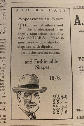 Akubra hats were popular. Gold Coast Bulletin advertising, 1930