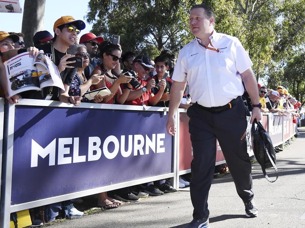 Zak Brown, CEO of McLaren, arrives at the track for the Australian Formula One Grand Prix in Melbourne. Picture: AP