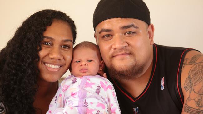 The Blair Athol family, Victoria Andeng, Alleir Maeva and Nathan Maeva are all settled in at home now. Picture: Robert Pozo