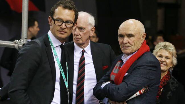 Essendon CEO Xavier Campbell chats with past president Paul Little. Pic: Michael Klein