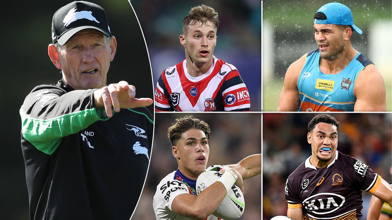 Wayne Bennett and (inset) Sam Walker, David Fifita, Reece Walsh and Xavier Coates.