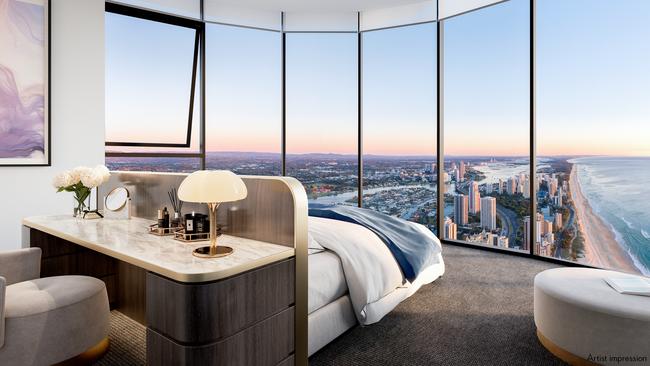 A bedroom inside the "super penthouse" of Meriton's Ocean Supertower in Surfers Paradise.