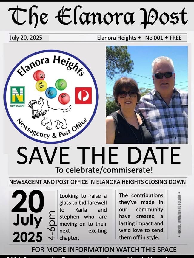 The owners of the Elanora Newsagency and Post Office, Stephen Tatt and Karla Rothpletz-Tatt, will be given a community send-off when they close the business in late July 2025.